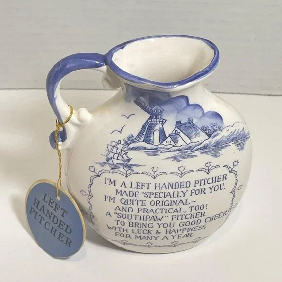 Left-Handed Ceramic Pitcher With Blue & White Nautical Design 5
